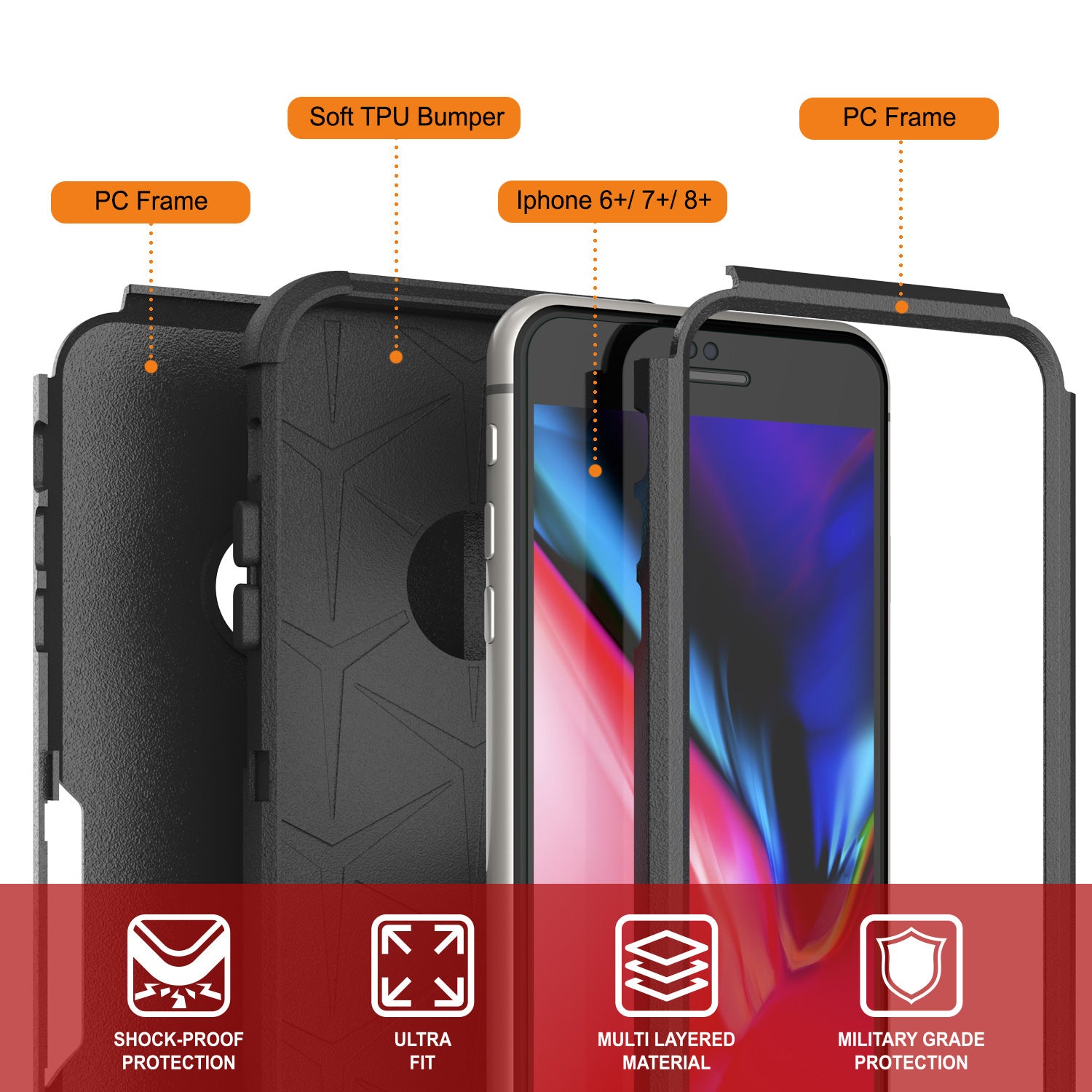 Punkcase for iPhone 8+ Plus Belt Clip Multilayer Holster Case [Patron Series] [Black]