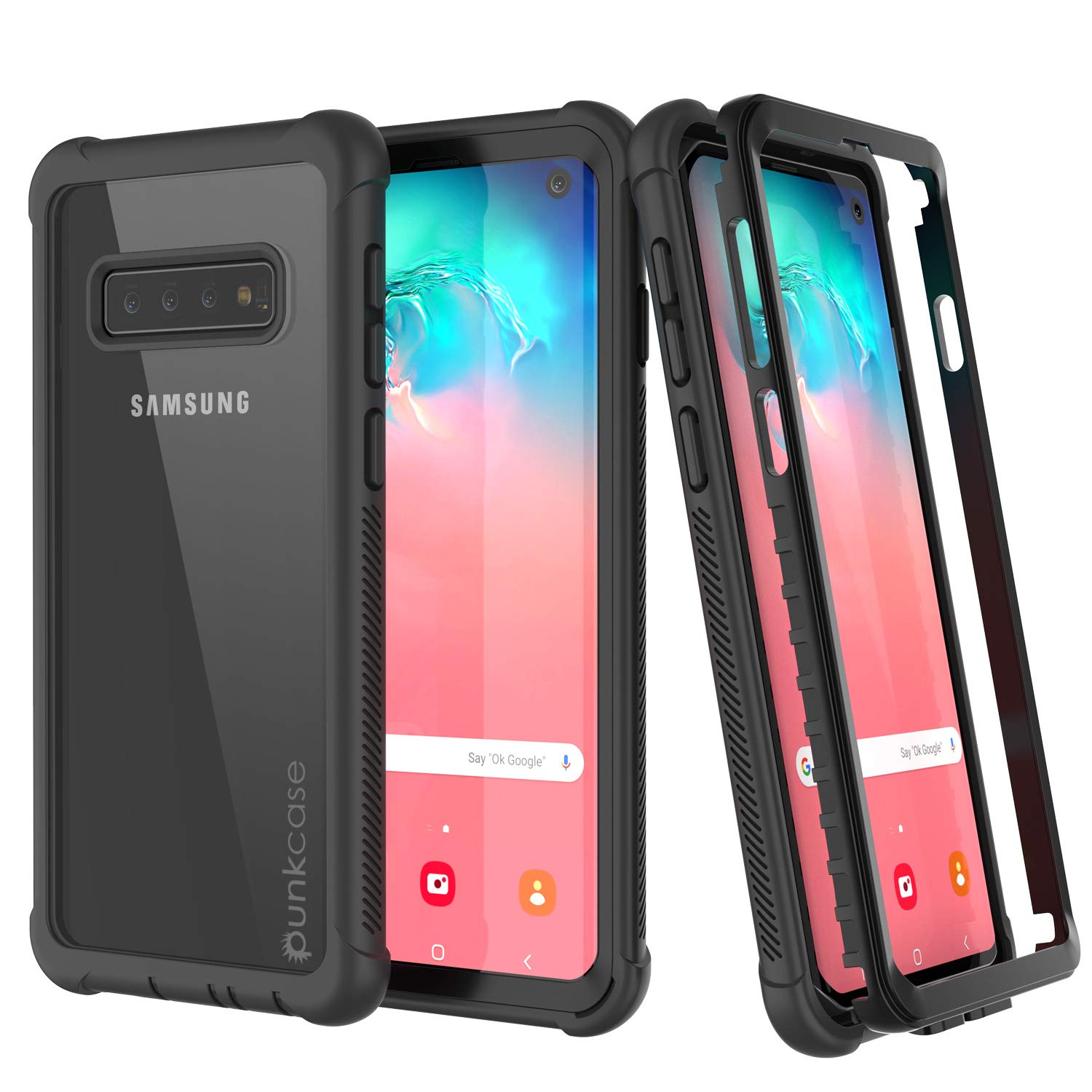 PunkCase Galaxy S10 Case, [Spartan Series] Clear Rugged Heavy Duty Cover W/Built in Screen Protector [Black]