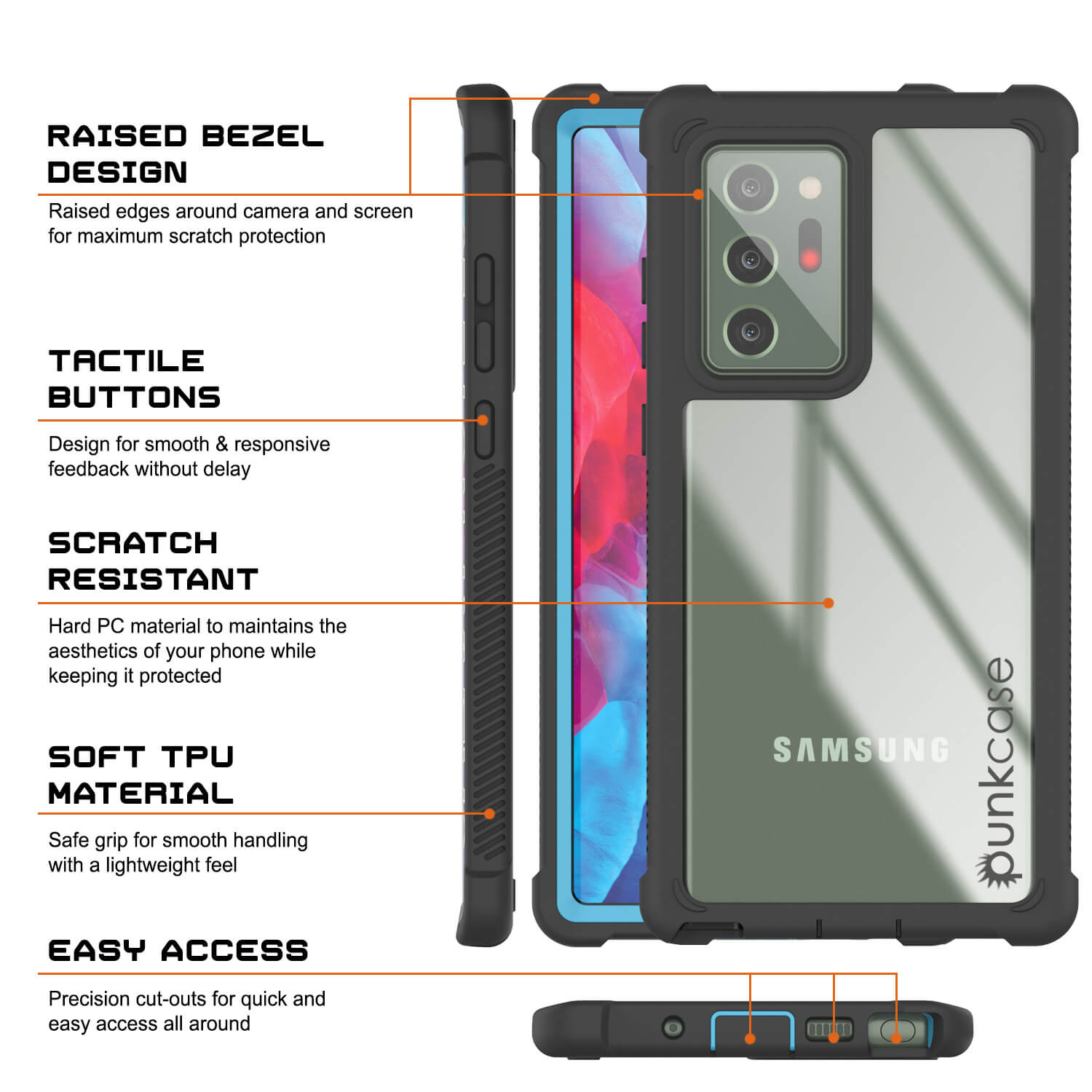 Punkcase Galaxy Note 20 Ultra Case, [Spartan Series] Light Blue Rugged Heavy Duty Cover W/Built in Screen Protector