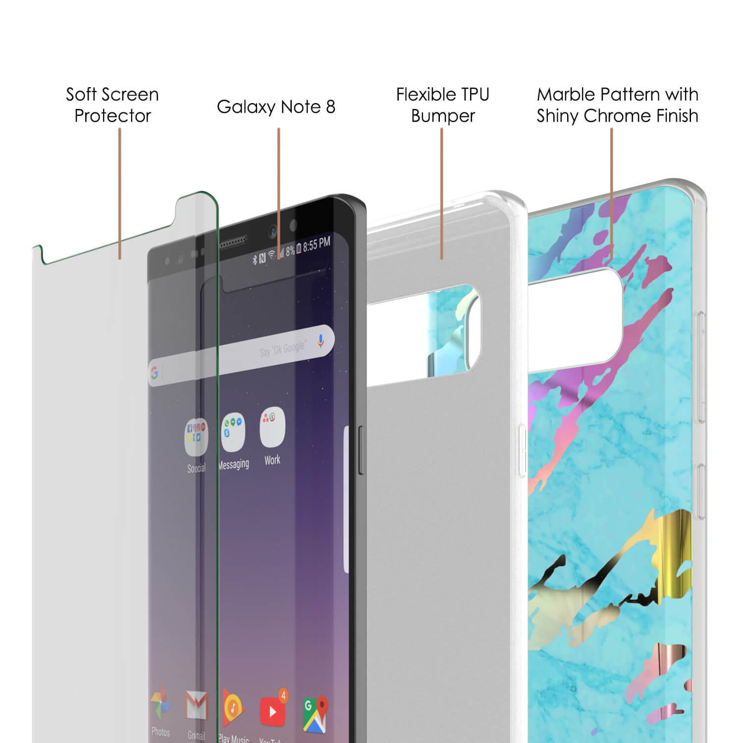 Galaxy Note 8 Full Body W/ Screen Protector Marble Case [Teal Onyx]