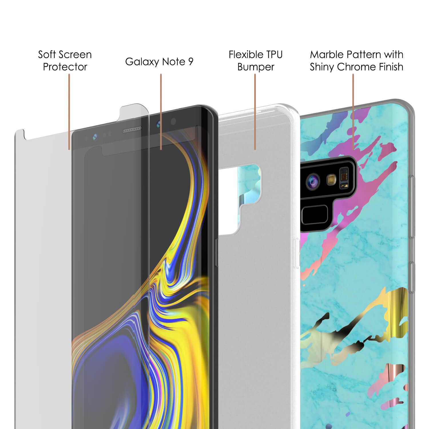Galaxy Note 9 Full Body W/ Screen Protector Marble Case [Teal Onyx]