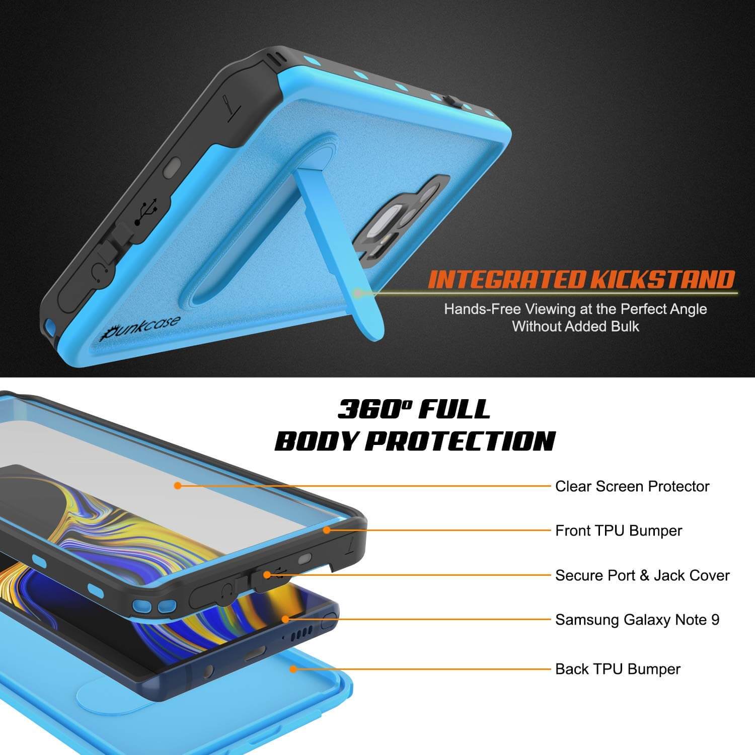 PunkCase Galaxy Note 9 Waterproof Case, [KickStud Series] Armor Cover [Light-Blue]