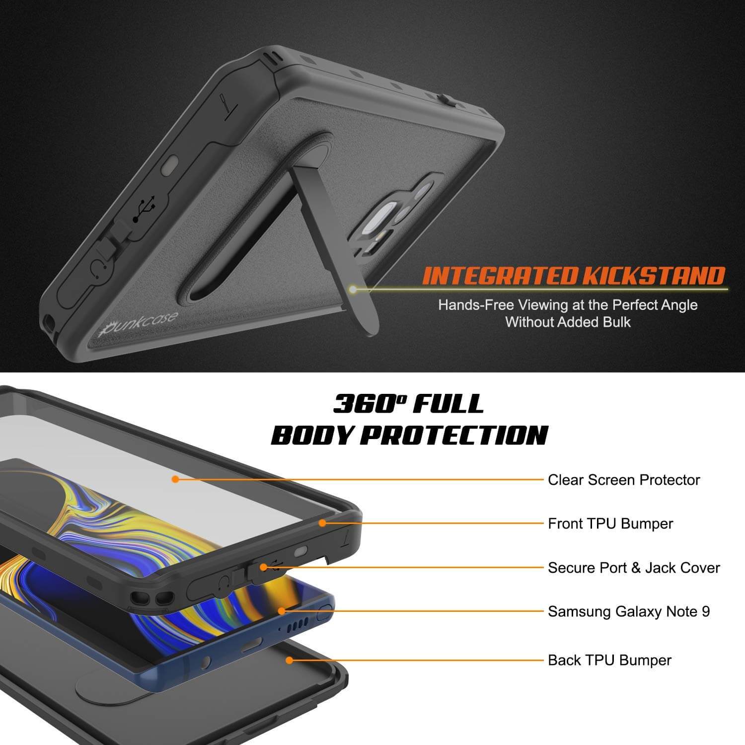 PunkCase Galaxy Note 9 Waterproof Case, [KickStud Series] Armor Cover [Black]