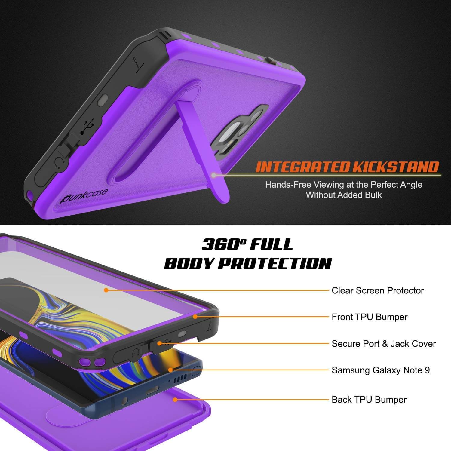 PunkCase Galaxy Note 9 Waterproof Case, [KickStud Series] Armor Cover [Purple]