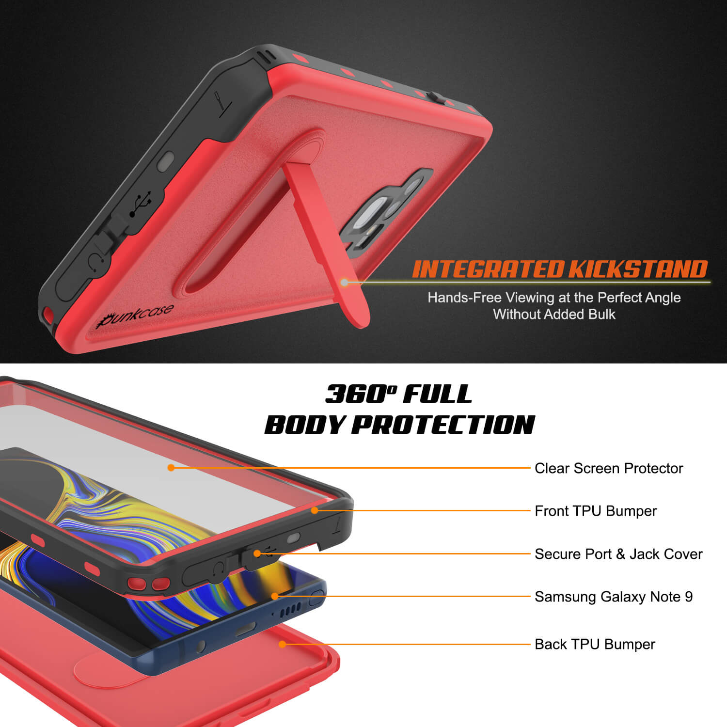 PunkCase Galaxy Note 9 Waterproof Case, [KickStud Series] Armor Cover [Red]