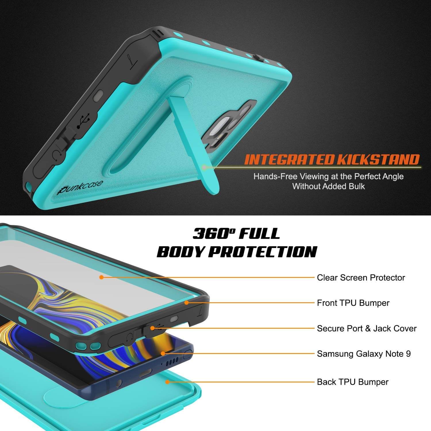PunkCase Galaxy Note 9 Waterproof Case, [KickStud Series] Armor Cover [Teal]
