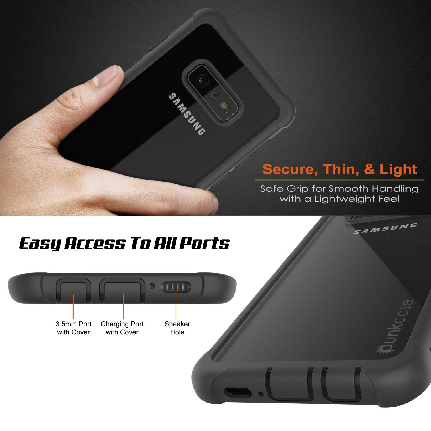 PunkCase Galaxy S10e Case, [Spartan Series] Clear Rugged Heavy Duty Cover W/Built in Screen Protector [Black]