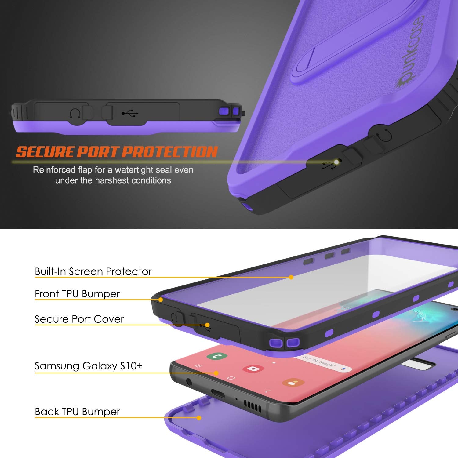 Galaxy S10+ Plus Waterproof Case, Punkcase [KickStud Series] Armor Cover [Purple]