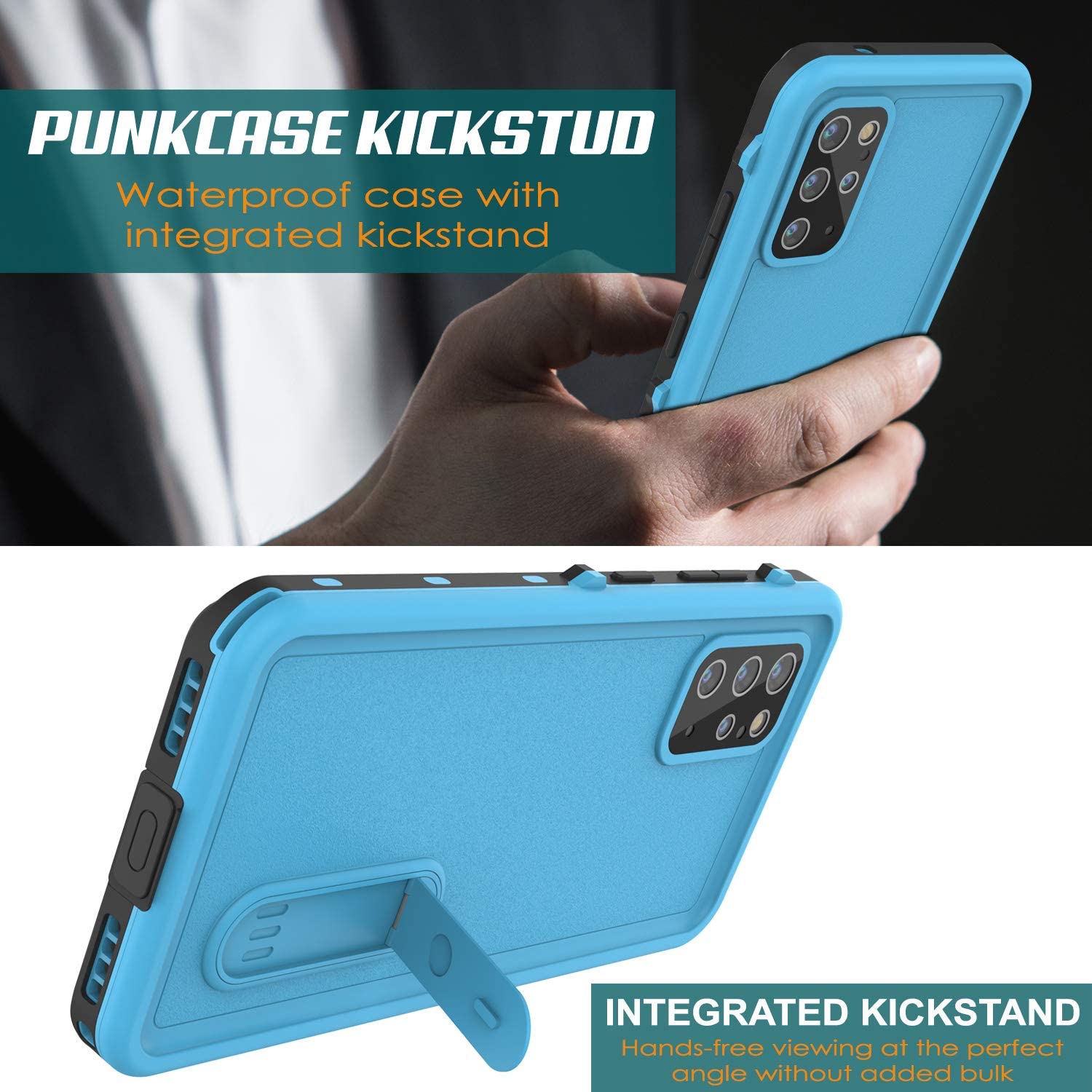 Galaxy S20+ Plus Waterproof Case, Punkcase [KickStud Series] Armor Cover [Light Blue]