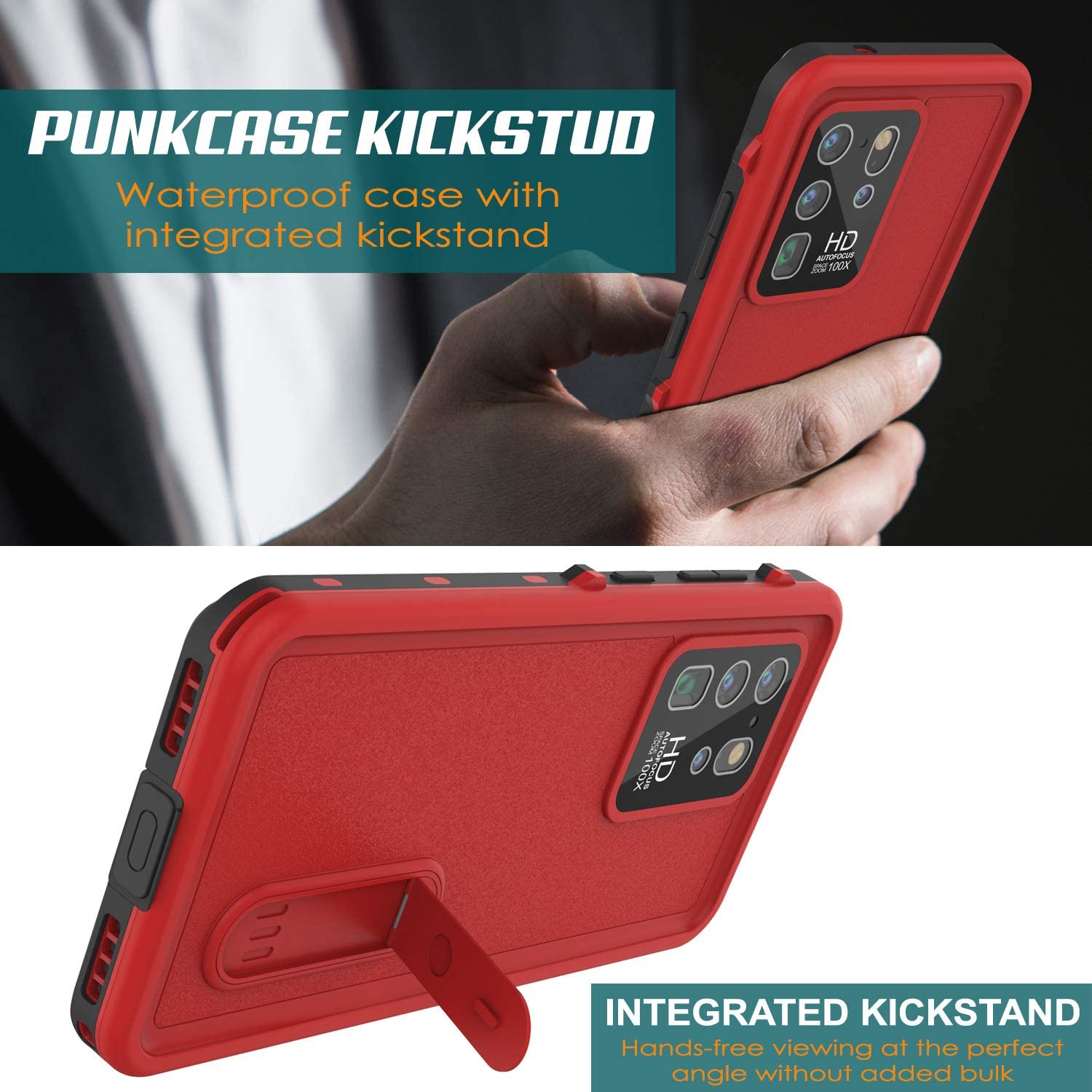 Galaxy S20 Ultra Waterproof Case, Punkcase [KickStud Series] Armor Cover [Red]