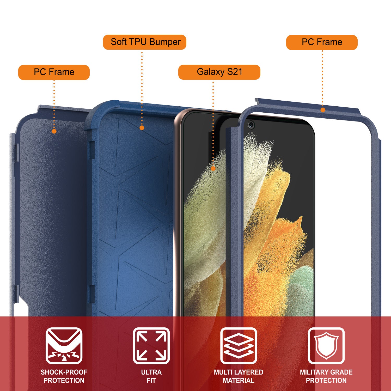 Punkcase for Galaxy S21 5G Belt Clip Multilayer Holster Case [Patron Series] [Navy]