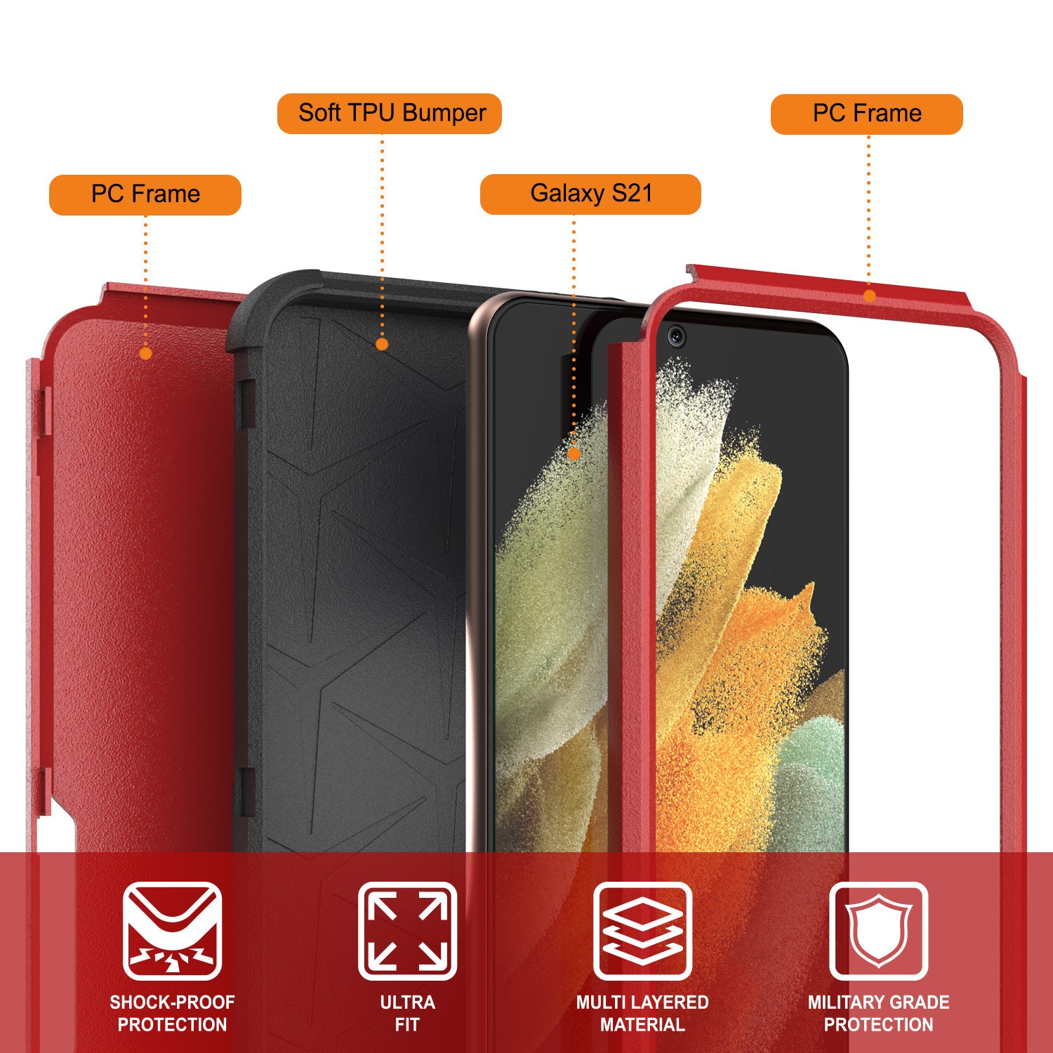 Punkcase for Galaxy S21 5G Belt Clip Multilayer Holster Case [Patron Series] [Red-Black]