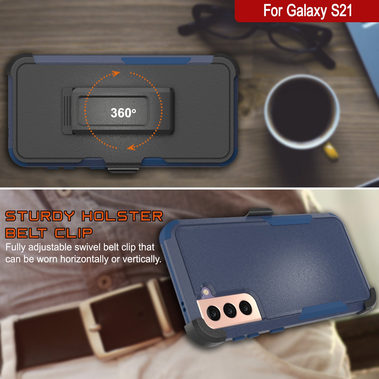 Punkcase for Galaxy S21 5G Belt Clip Multilayer Holster Case [Patron Series] [Navy]