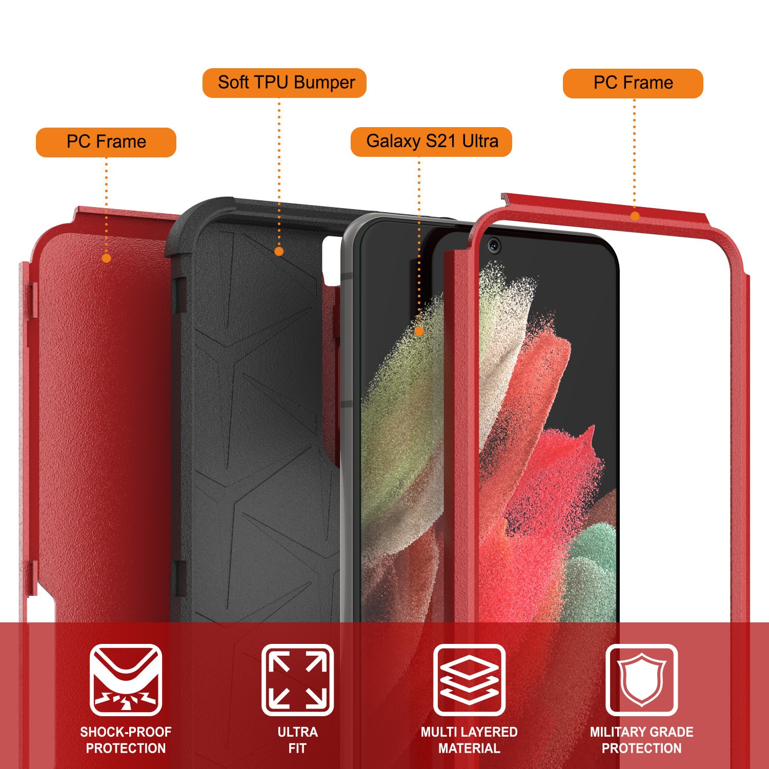 Punkcase for Galaxy S21 Ultra 5G Belt Clip Multilayer Holster Case [Patron Series] [Red-Black]
