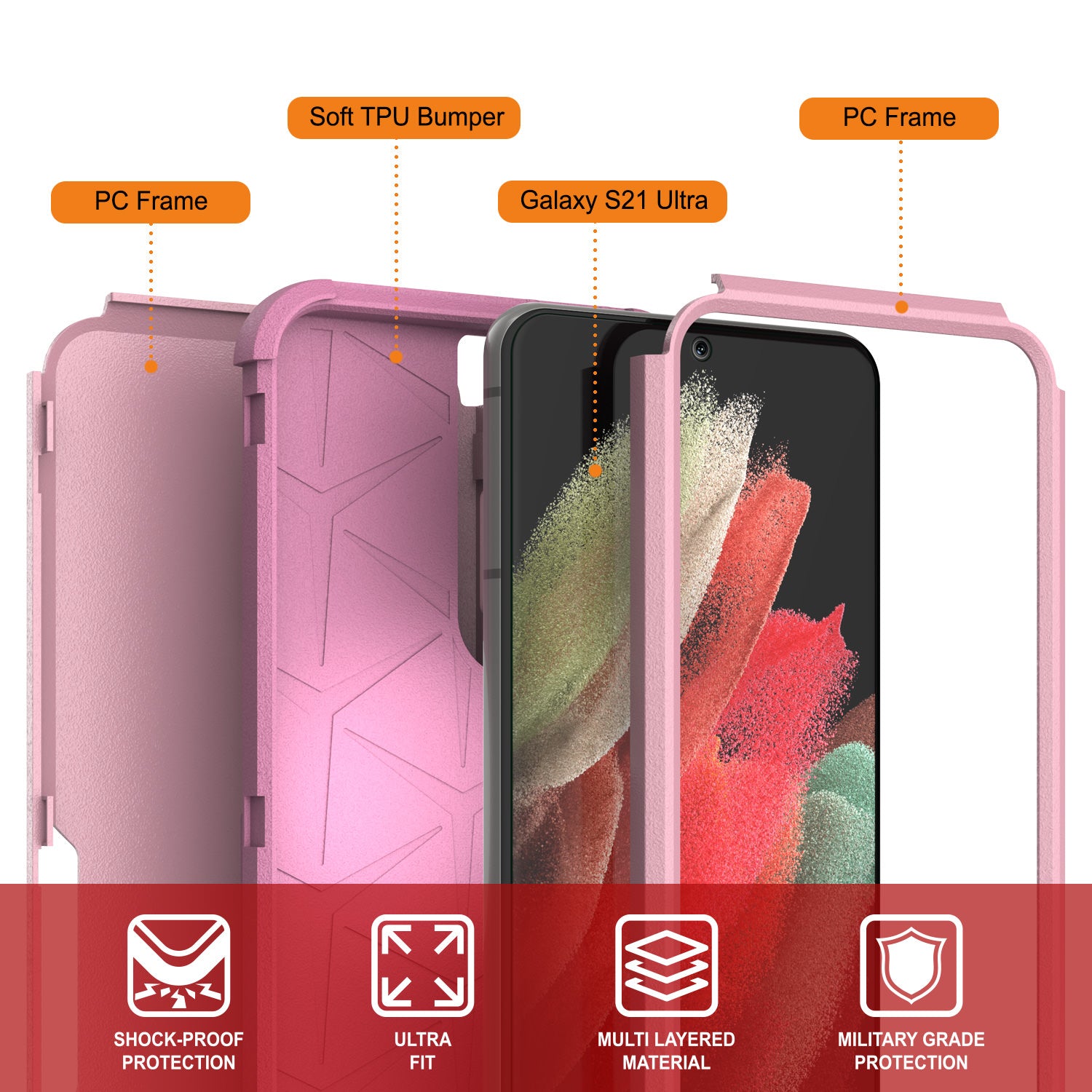 Punkcase for Galaxy S21 Ultra 5G Belt Clip Multilayer Holster Case [Patron Series] [Pink]