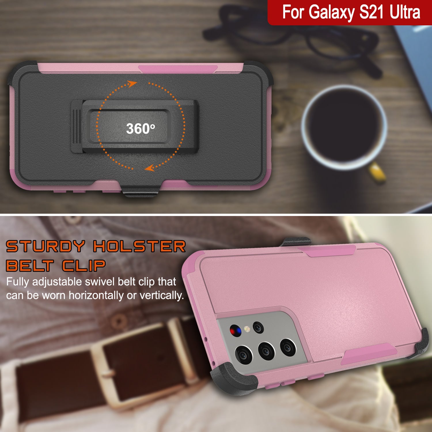 Punkcase for Galaxy S21 Ultra 5G Belt Clip Multilayer Holster Case [Patron Series] [Pink]