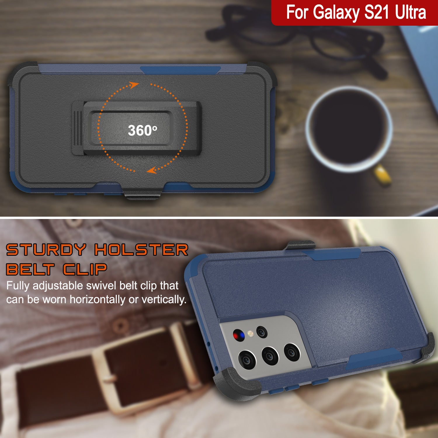 Punkcase for Galaxy S21 Ultra 5G Belt Clip Multilayer Holster Case [Patron Series] [Navy]