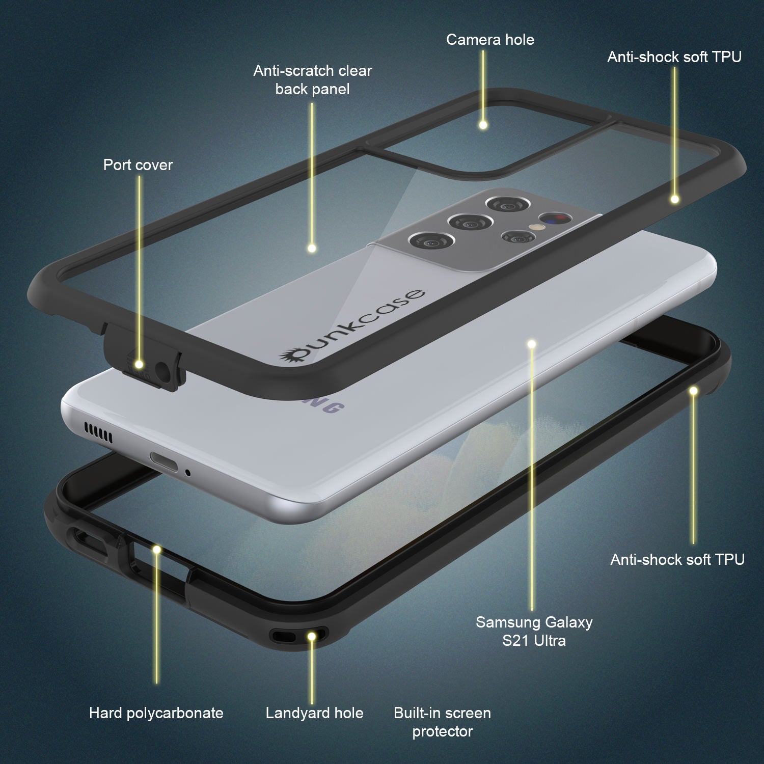 PunkCase Galaxy S21 Ultra Case, [Spartan Series] Clear Rugged Heavy Duty Cover W/Built in Screen Protector [Black]