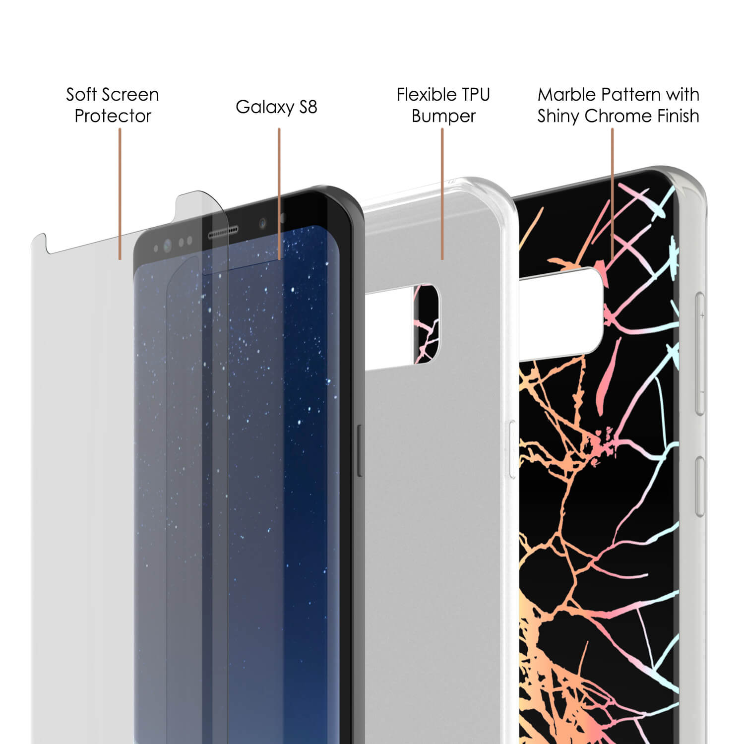 Punkcase Galaxy S8+ PLUS Marble Case, Protective Full Body Cover W/PunkShield Screen Protector (Black Mirage)