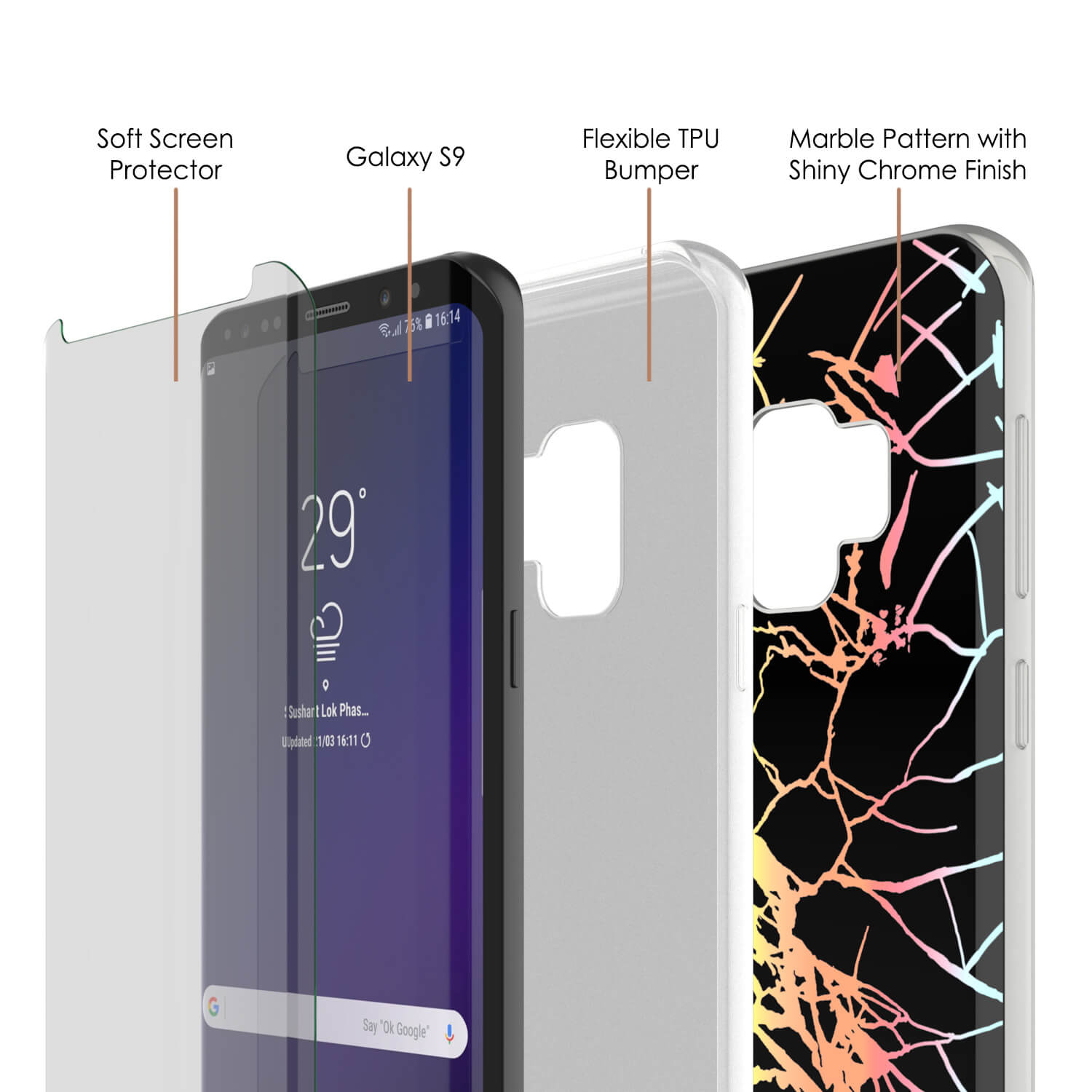 Punkcase Galaxy S9 Marble Case, Protective Full Body Cover W/PunkShield Screen Protector (Black Mirage)
