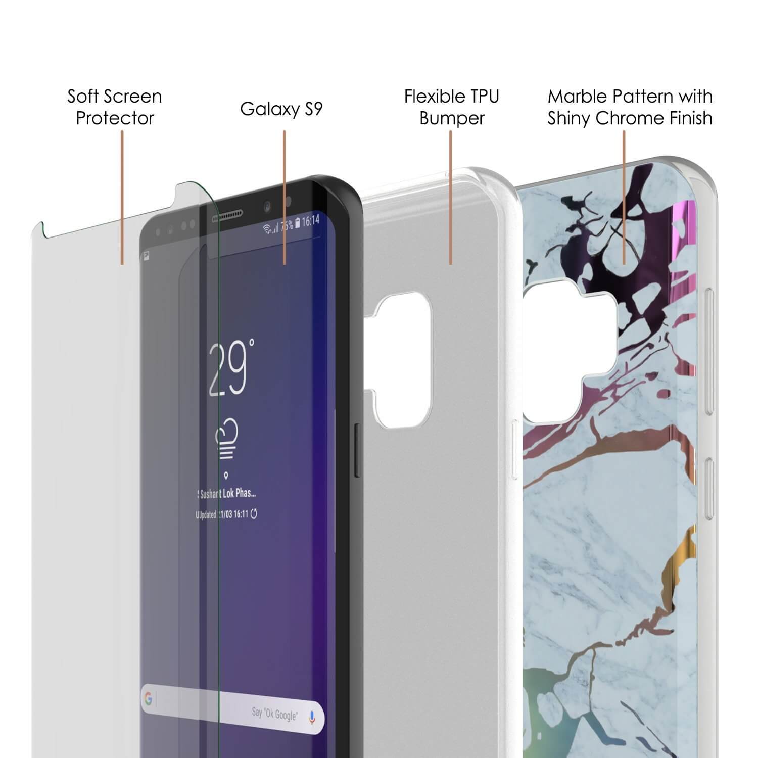 Punkcase Galaxy S9 Marble Case, Protective Full Body Cover W/PunkShield Screen Protector (Blue Marmo)