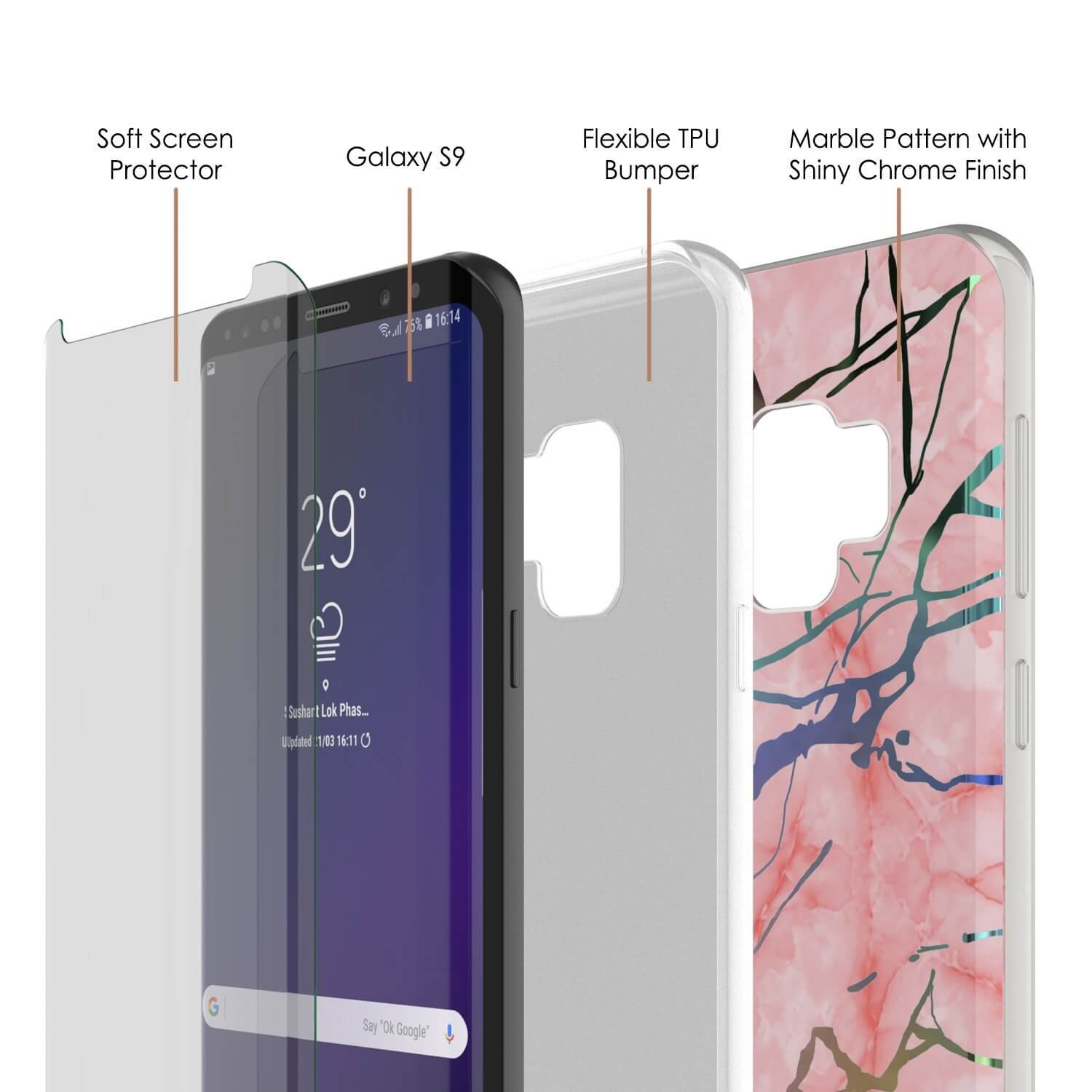 Punkcase Galaxy S9 Marble Case, Protective Full Body Cover W/PunkShield Screen Protector (Rose Mirage)