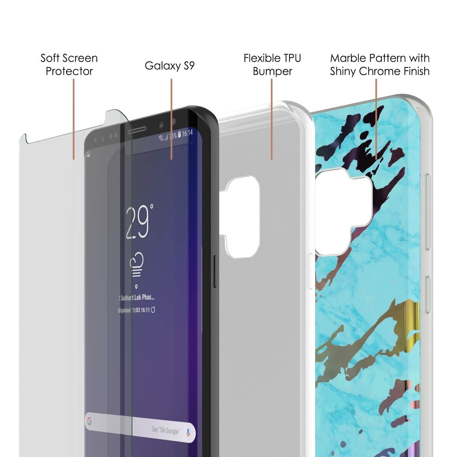 Punkcase Galaxy S9 Marble Case, Protective Full Body Cover W/PunkShield Screen Protector (Teal Onyx)