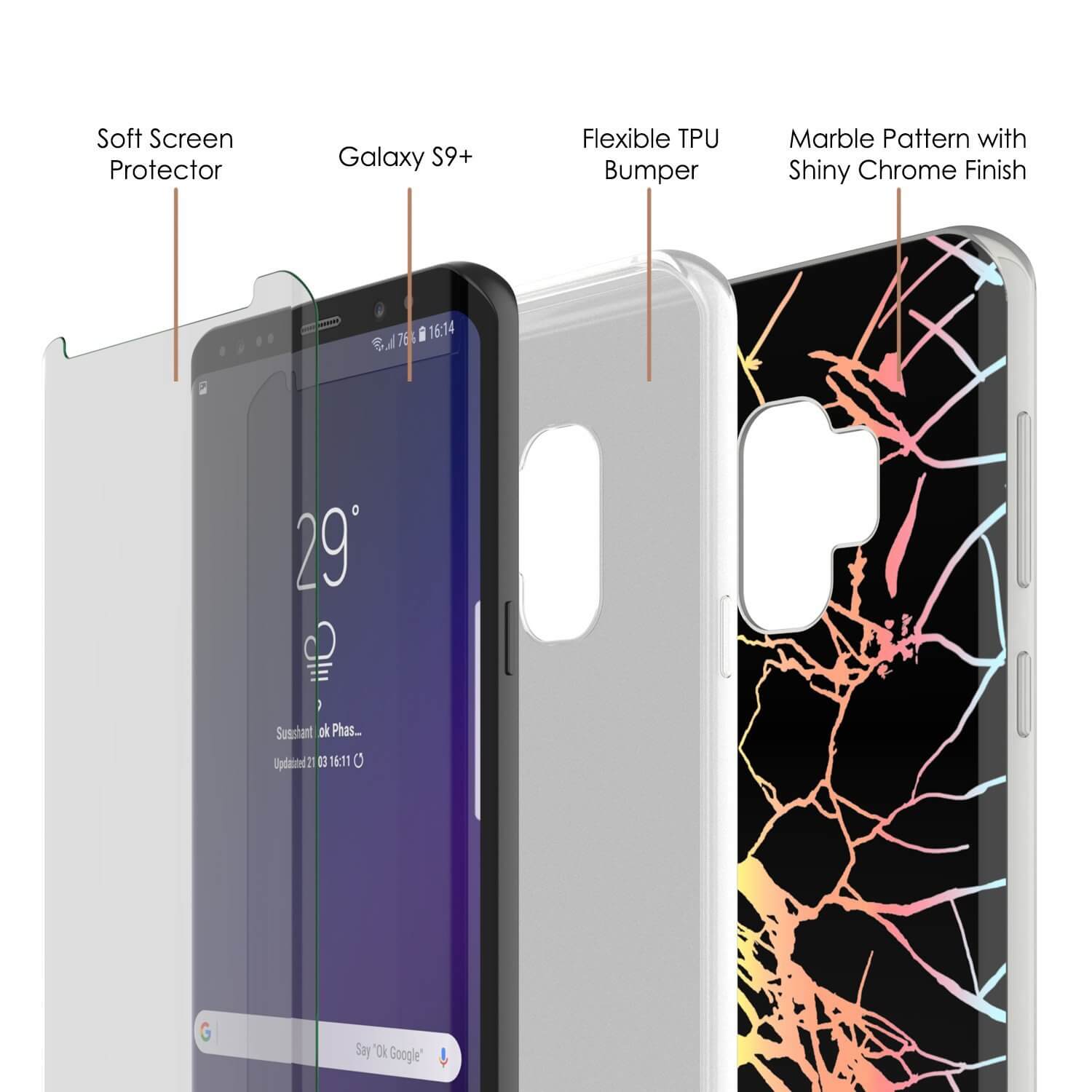 Punkcase Galaxy S9+ Marble Case, Protective Full Body Cover W/PunkShield Screen Protector (Black Mirage)