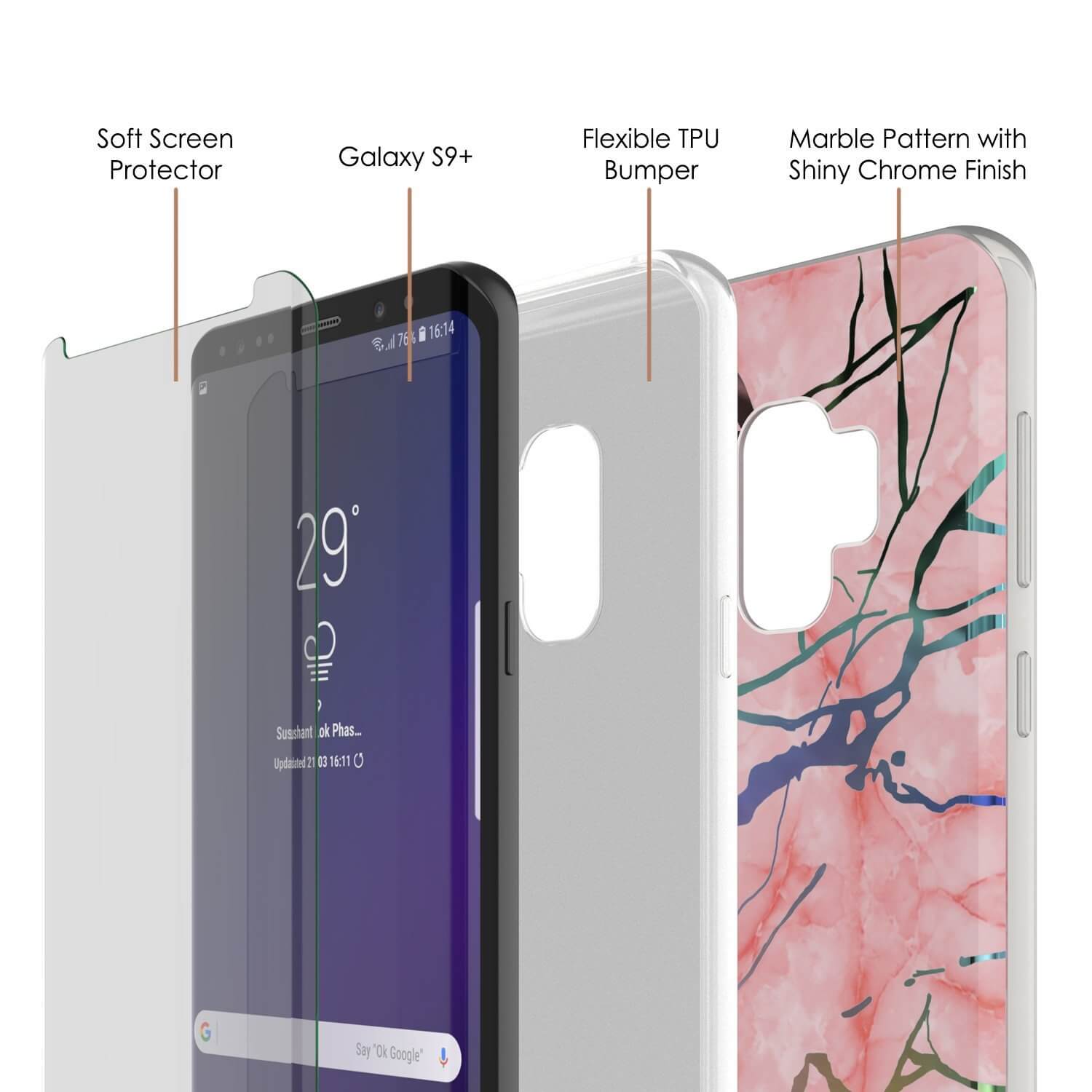 Punkcase Galaxy S9+ Marble Case, Protective Full Body Cover W/PunkShield Screen Protector (Rose Mirage)