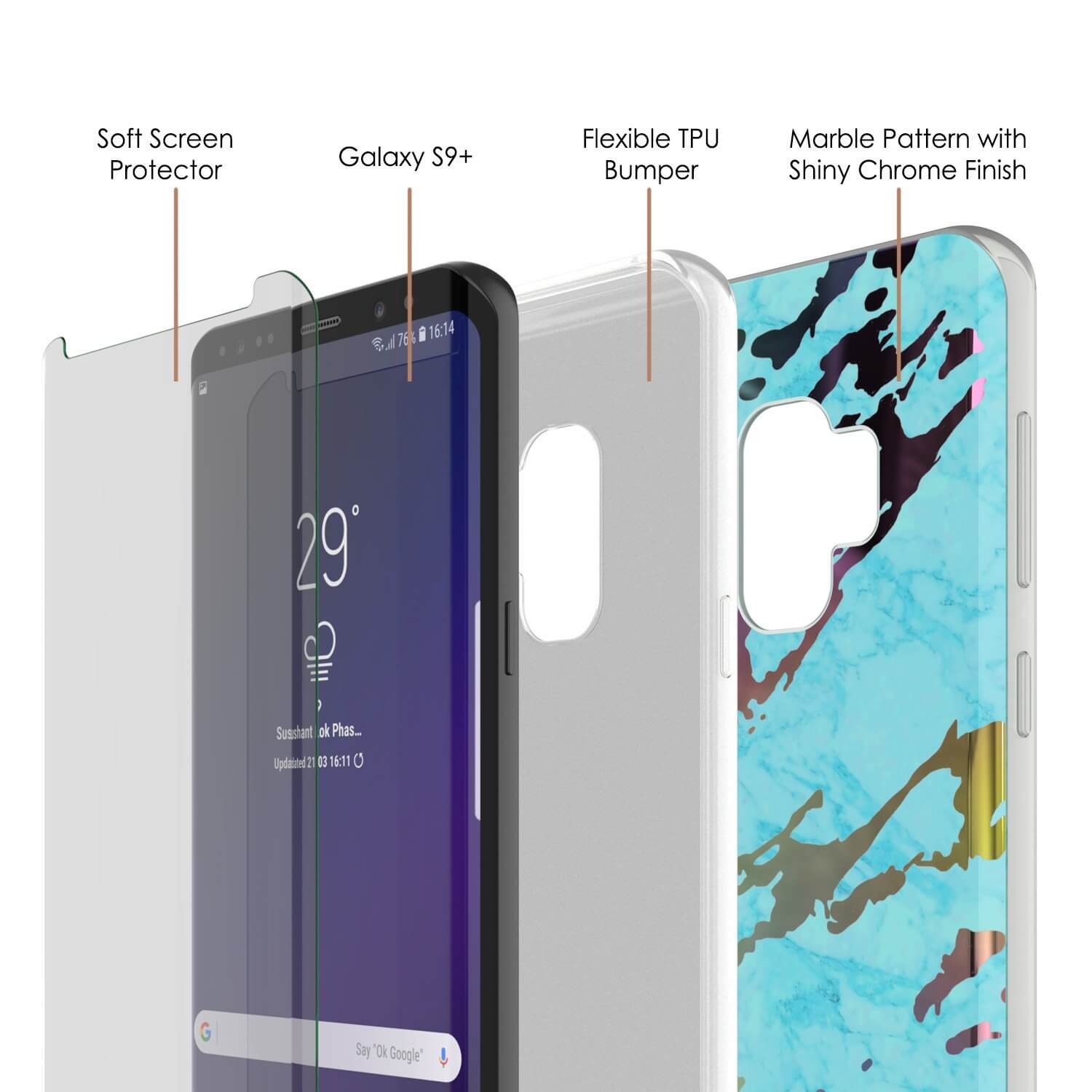 Punkcase Galaxy S9+ Marble Case, Protective Full Body Cover W/PunkShield Screen Protector (Teal Onyx)