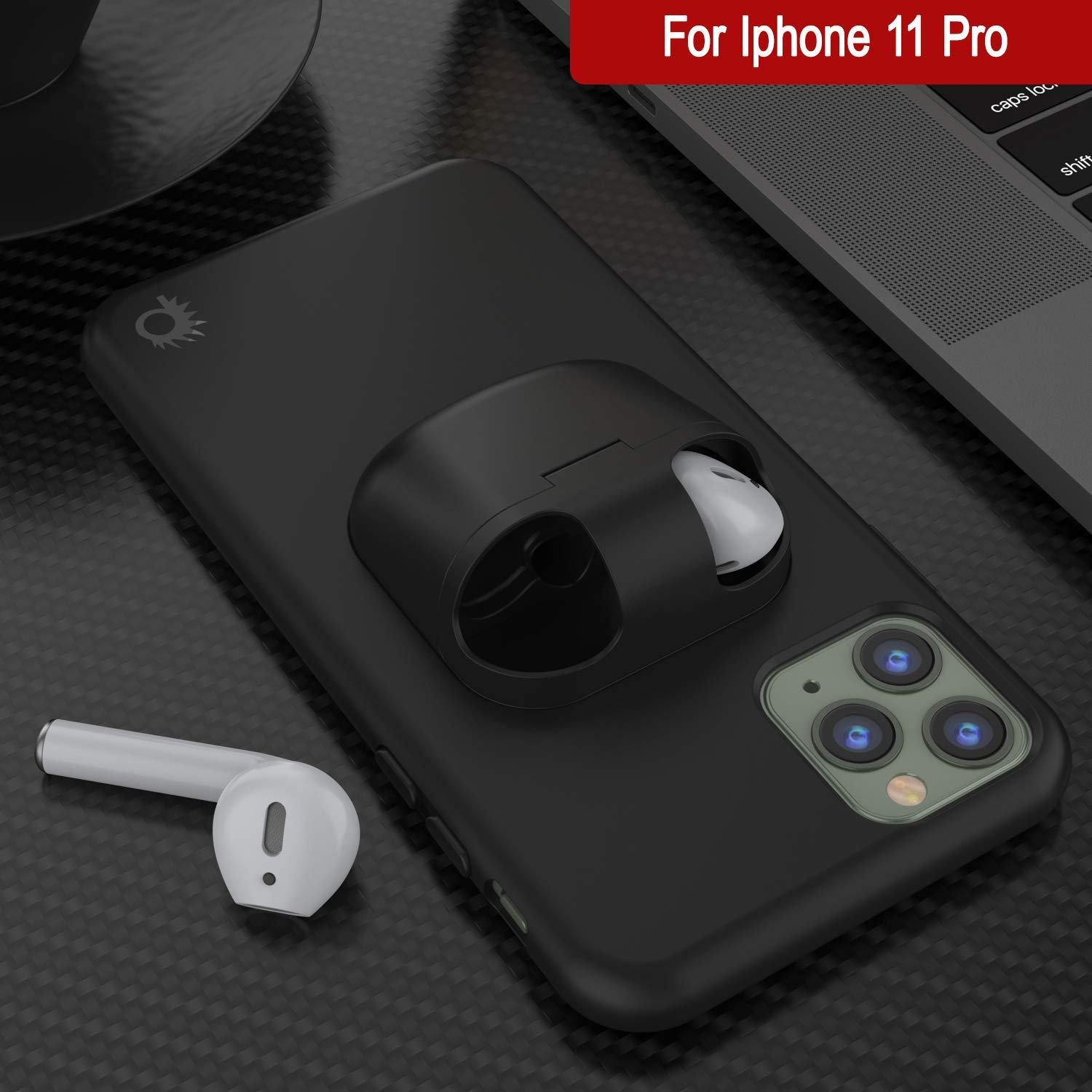 Punkcase iPhone 11 Pro Airpods Case Holder (CenterPods Series) | Slim & Durable 2 in 1 Cover Designed for iPhone 11 Pro (6.1") | Protects Your Phone & Stores Your AirPods Gen. 1 & 2 [Black]