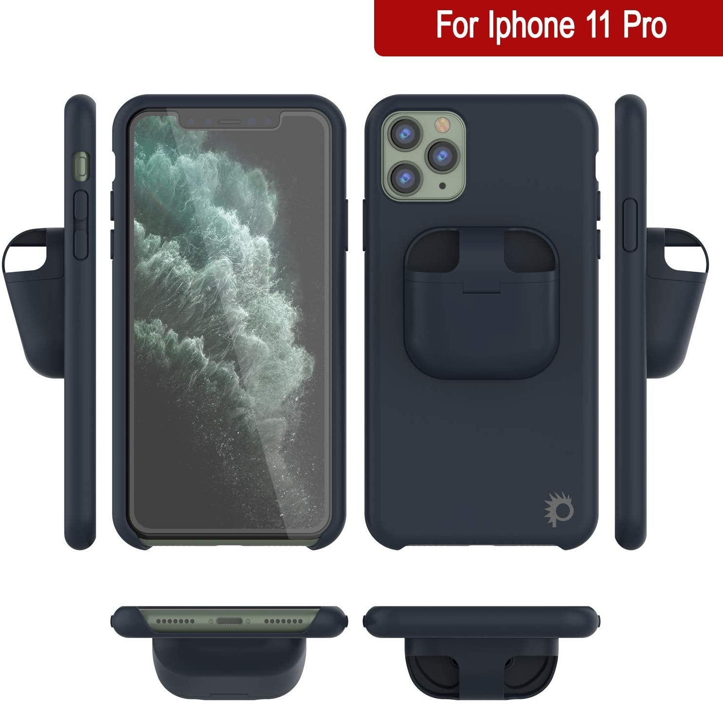 Punkcase iPhone 11 Pro Airpods Case Holder (CenterPods Series) | Slim & Durable 2 in 1 Cover Designed for iPhone 11 Pro (6.1") | Protects Your Phone & Stores Your AirPods Gen. 1 & 2 [Navy Blue]
