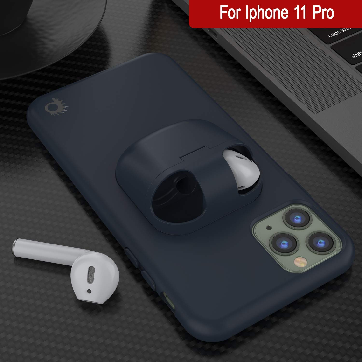 Punkcase iPhone 11 Pro Airpods Case Holder (CenterPods Series) | Slim & Durable 2 in 1 Cover Designed for iPhone 11 Pro (6.1") | Protects Your Phone & Stores Your AirPods Gen. 1 & 2 [Navy Blue]