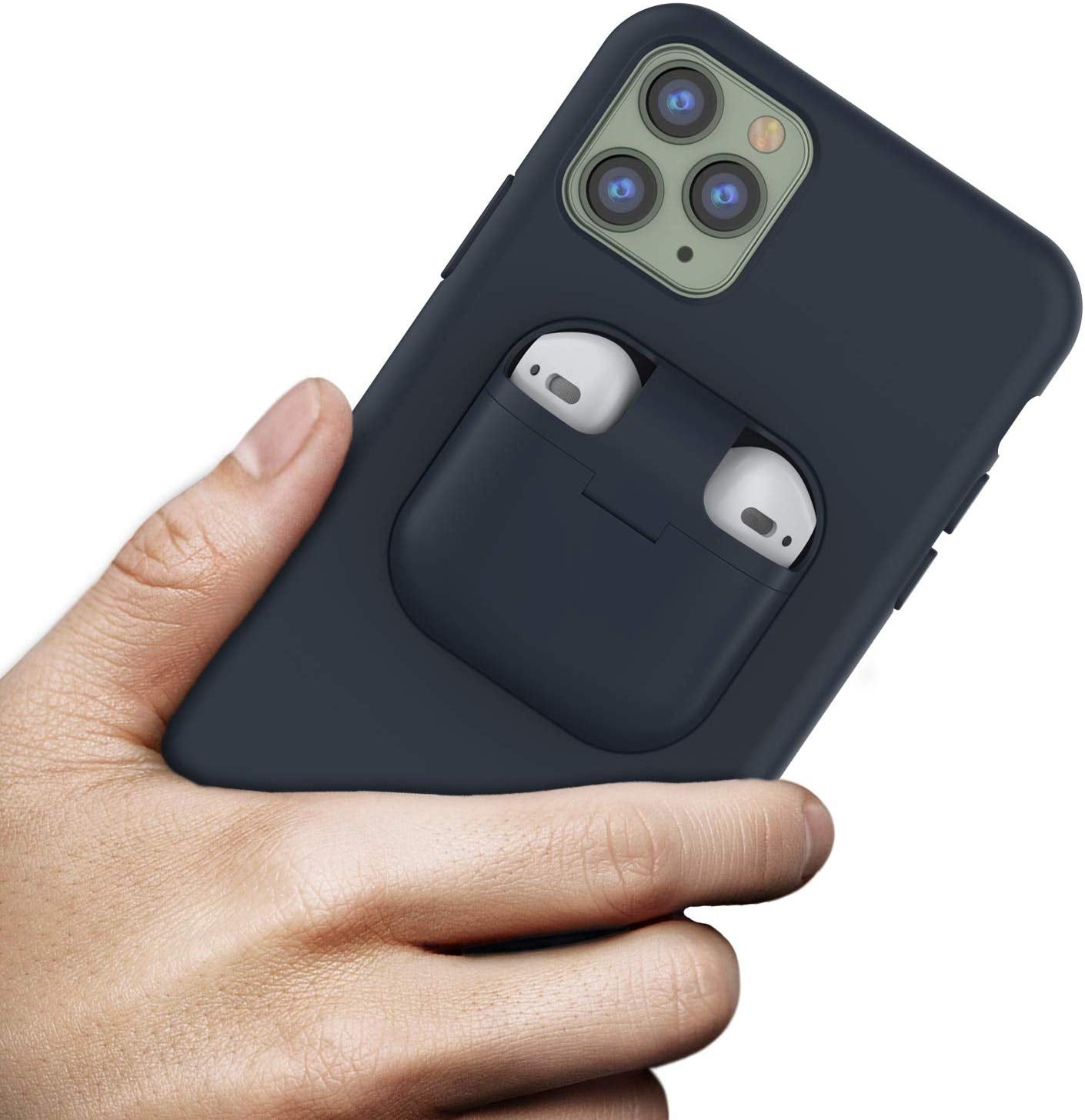 Punkcase iPhone 11 Pro Max Airpods Case Holder (CenterPods Series) | Slim & Durable 2 in 1 Cover Designed for iPhone 11 Pro Max (6.1") | Protects Your Phone & Stores Your AirPods Gen. 1 & 2 [Navy Blue]