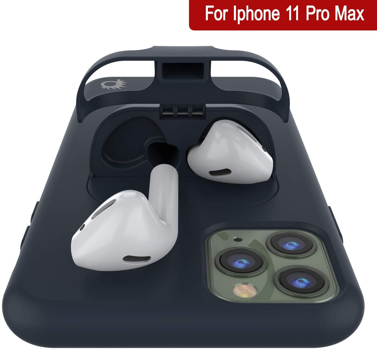 Punkcase iPhone 11 Pro Max Airpods Case Holder (CenterPods Series) | Slim & Durable 2 in 1 Cover Designed for iPhone 11 Pro Max (6.1") | Protects Your Phone & Stores Your AirPods Gen. 1 & 2 [Navy Blue]