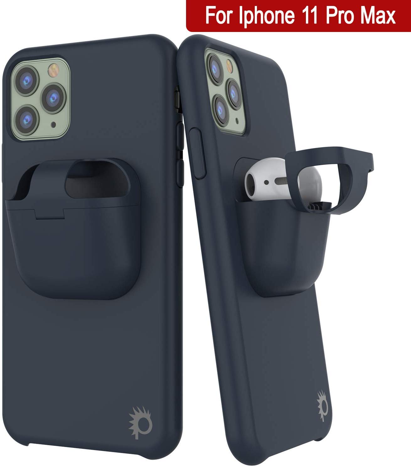 Punkcase iPhone 11 Pro Max Airpods Case Holder (CenterPods Series) | Slim & Durable 2 in 1 Cover Designed for iPhone 11 Pro Max (6.1") | Protects Your Phone & Stores Your AirPods Gen. 1 & 2 [Navy Blue]