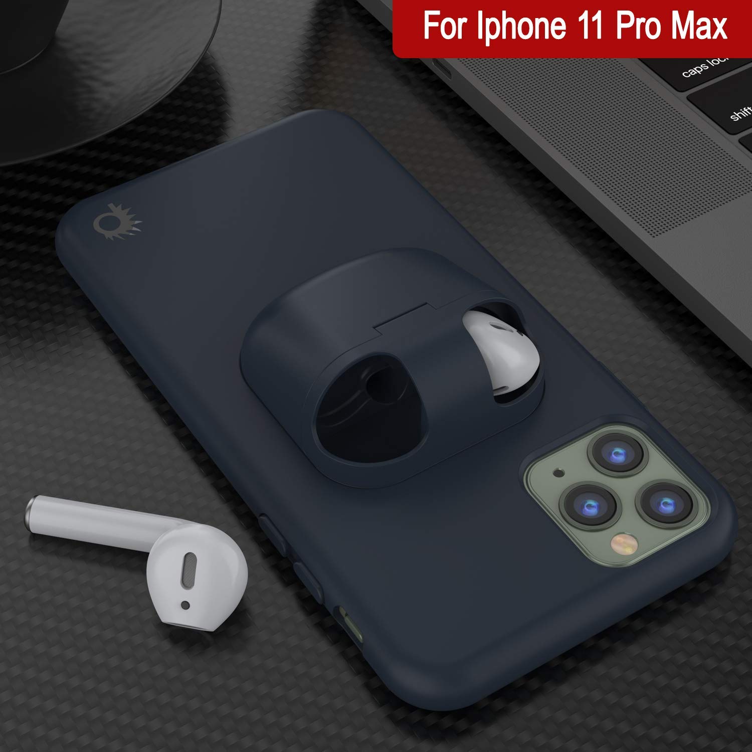 Punkcase iPhone 11 Pro Max Airpods Case Holder (CenterPods Series) | Slim & Durable 2 in 1 Cover Designed for iPhone 11 Pro Max (6.1") | Protects Your Phone & Stores Your AirPods Gen. 1 & 2 [Navy Blue]