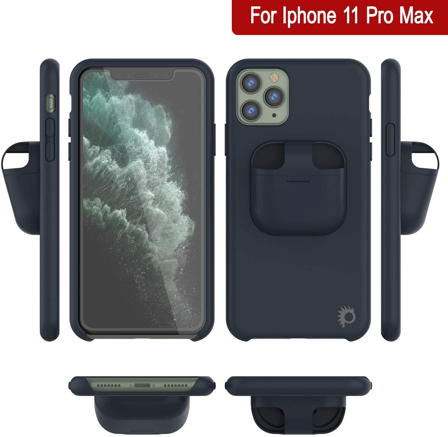 Punkcase iPhone 11 Pro Max Airpods Case Holder (CenterPods Series) | Slim & Durable 2 in 1 Cover Designed for iPhone 11 Pro Max (6.1") | Protects Your Phone & Stores Your AirPods Gen. 1 & 2 [Navy Blue]