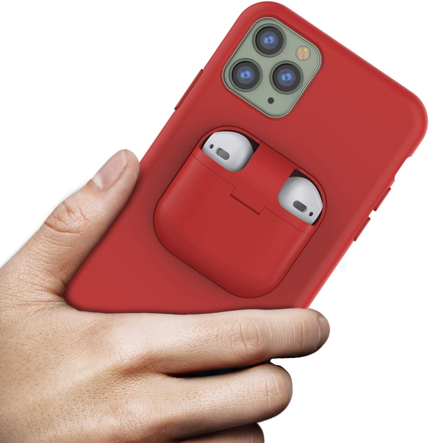 Punkcase iPhone 11 Pro Max Airpods Case Holder (CenterPods Series) | Slim & Durable 2 in 1 Cover Designed for iPhone 11 Pro Max (6.1") | Protects Your Phone & Stores Your AirPods Gen. 1 & 2 [Red]