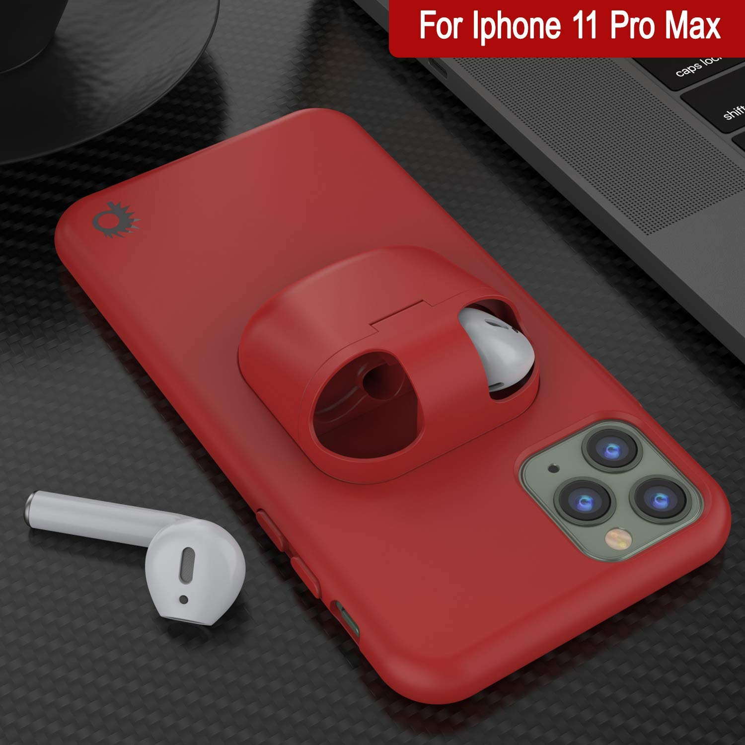 Punkcase iPhone 11 Pro Max Airpods Case Holder (CenterPods Series) | Slim & Durable 2 in 1 Cover Designed for iPhone 11 Pro Max (6.1") | Protects Your Phone & Stores Your AirPods Gen. 1 & 2 [Red]