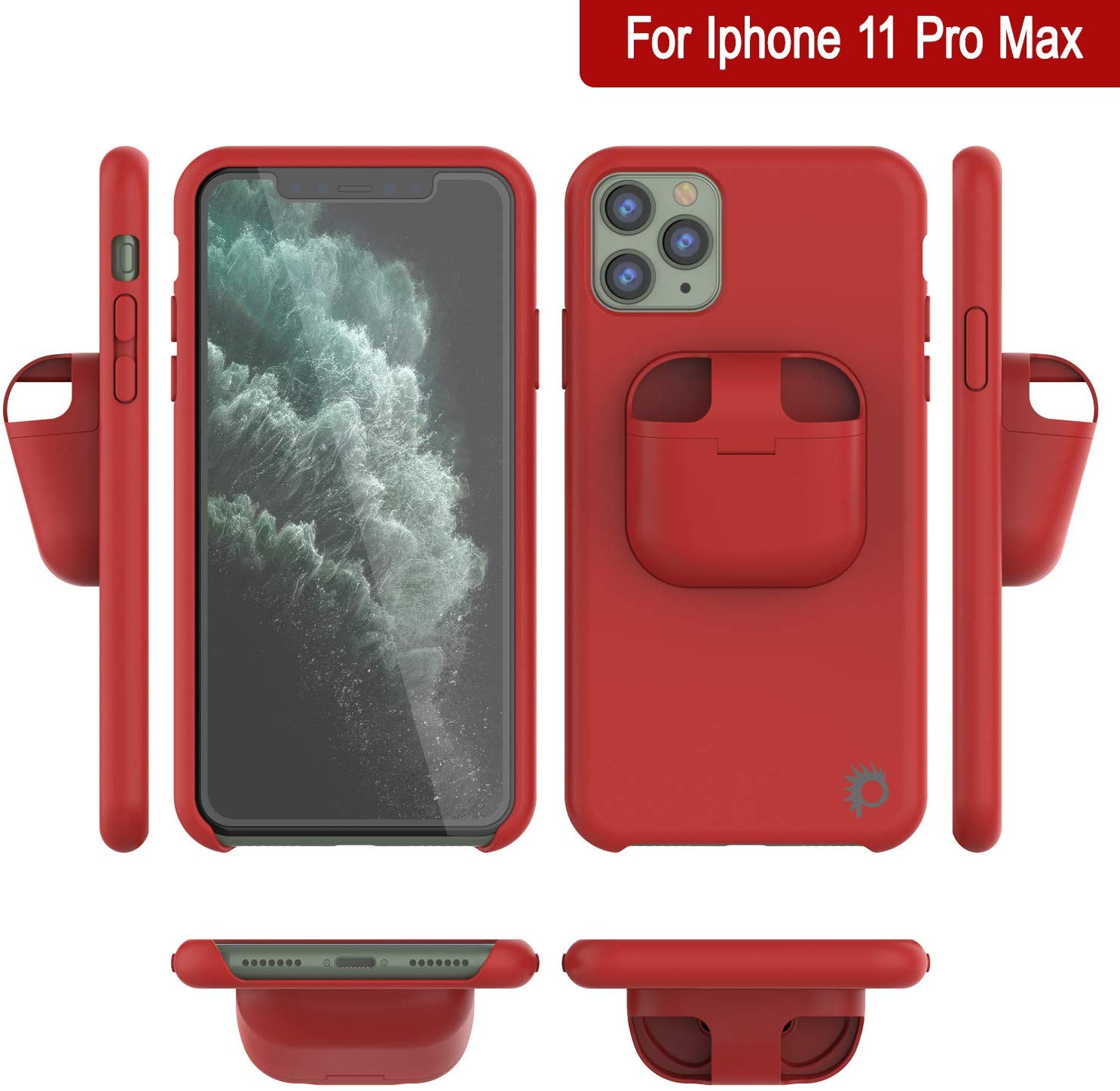 Punkcase iPhone 11 Pro Max Airpods Case Holder (CenterPods Series) | Slim & Durable 2 in 1 Cover Designed for iPhone 11 Pro Max (6.1") | Protects Your Phone & Stores Your AirPods Gen. 1 & 2 [Red]