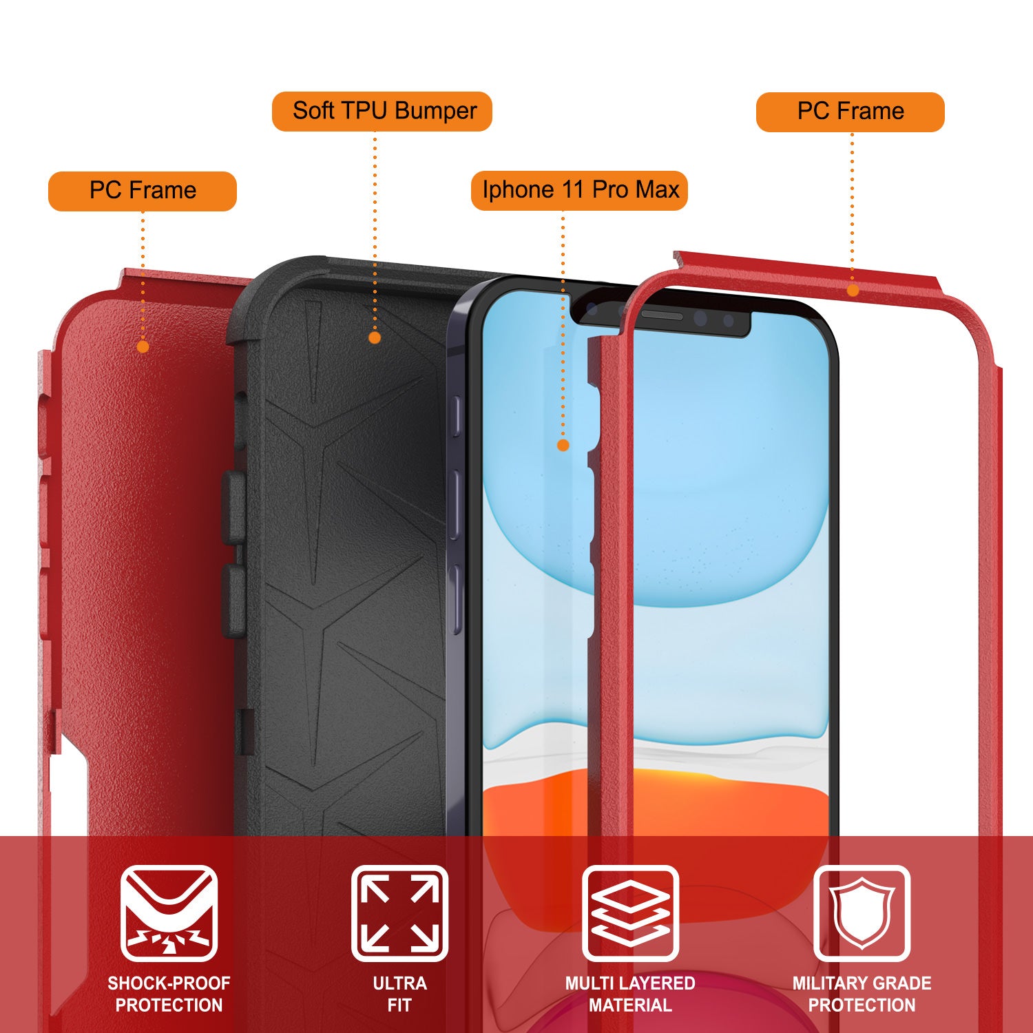 Punkcase for iPhone 11 Pro Max Belt Clip Multilayer Holster Case [Patron Series] [Red-Black]