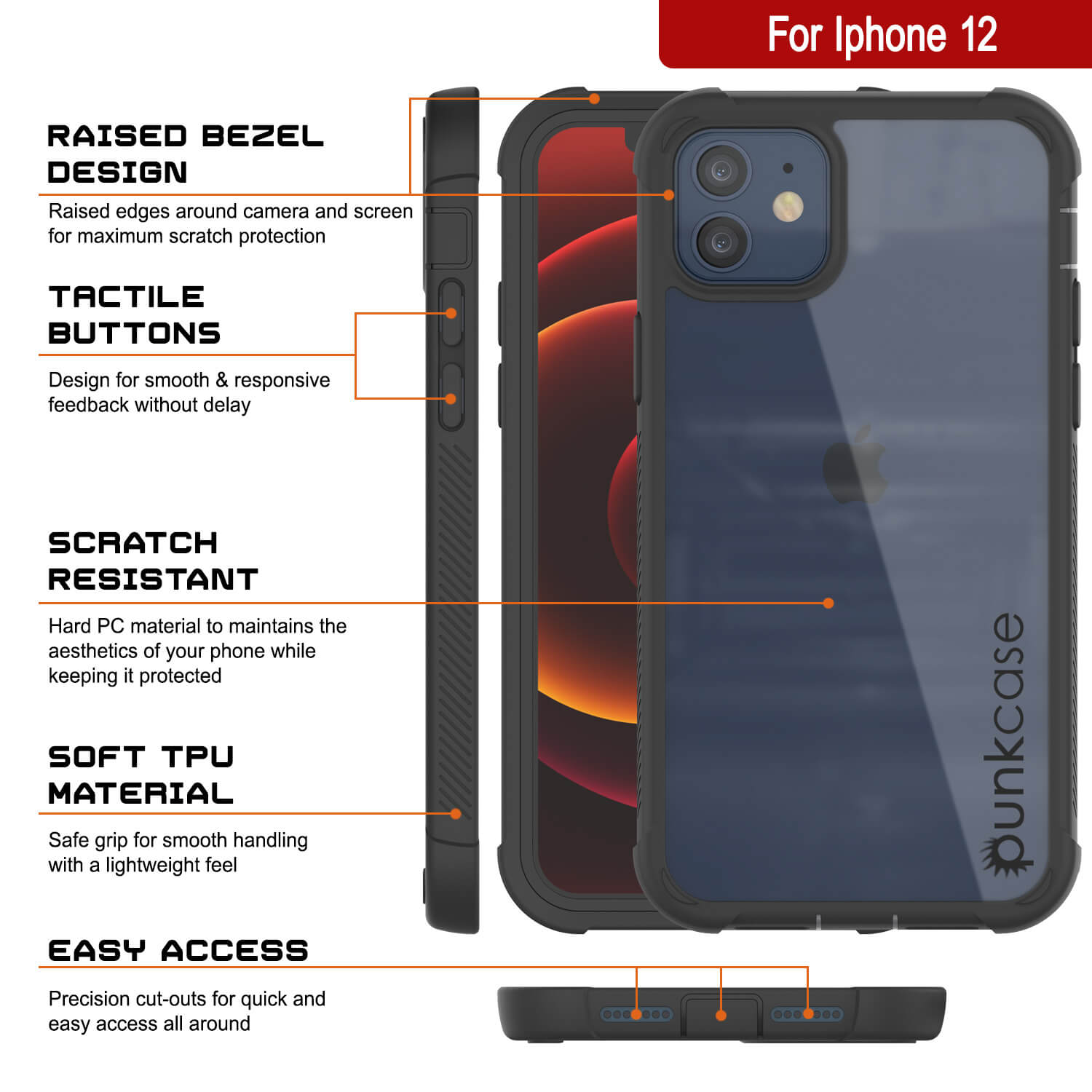 PunkCase iPhone 12 Case, [Spartan Series] Clear Rugged Heavy Duty Cover W/Built in Screen Protector [Black]