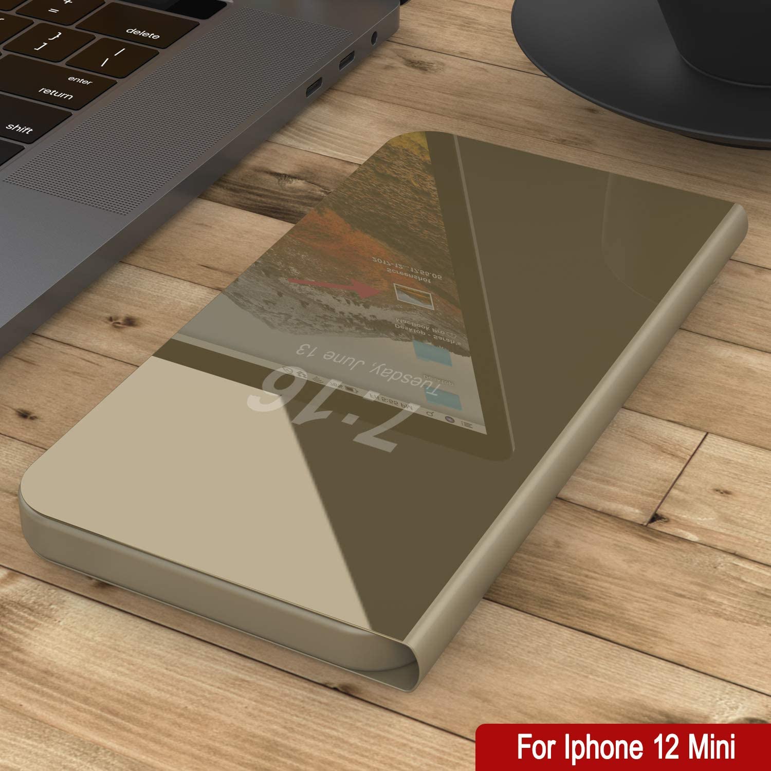 Punkcase iPhone 12 Mini Reflector Case Protective Flip Cover [Gold]