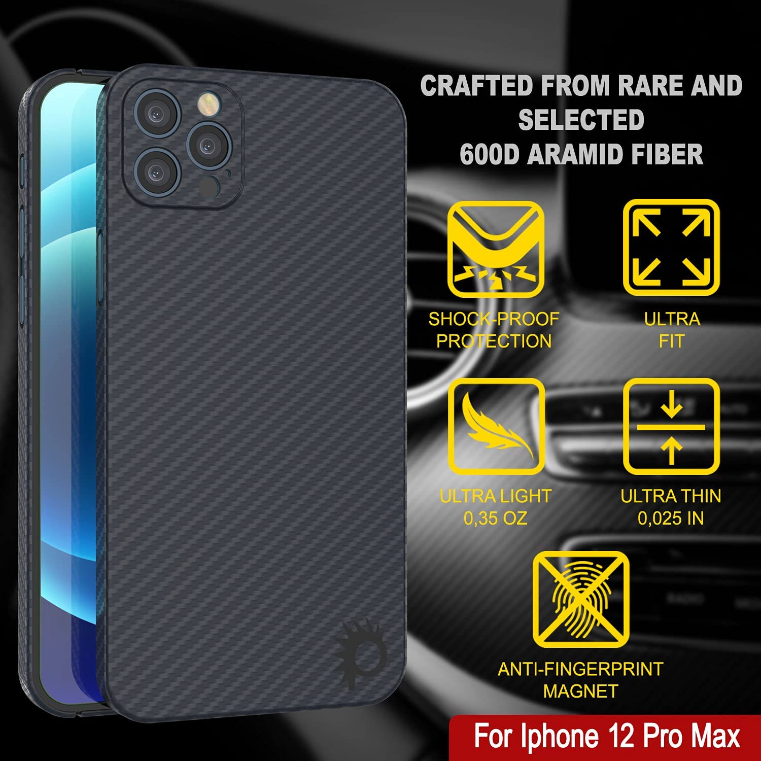 Punkcase iPhone 12 Pro Max Carbon Fiber Case [AramidShield Series] Ultra Slim & Light Kevlar