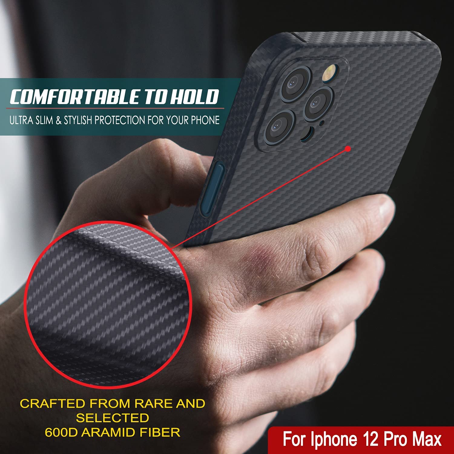 Punkcase iPhone 12 Pro Max Carbon Fiber Case [AramidShield Series] Ultra Slim & Light Kevlar