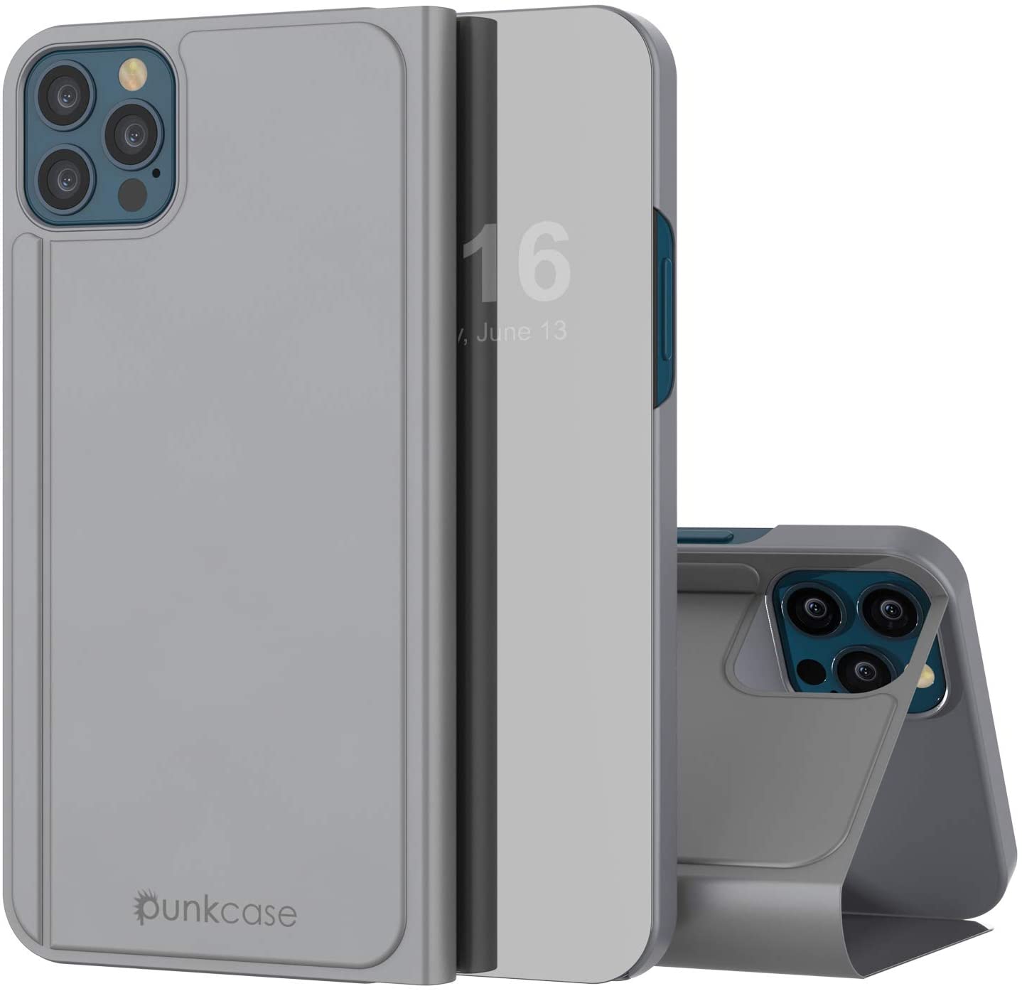 Punkcase iPhone 12 Pro Reflector Case Protective Flip Cover [Silver]
