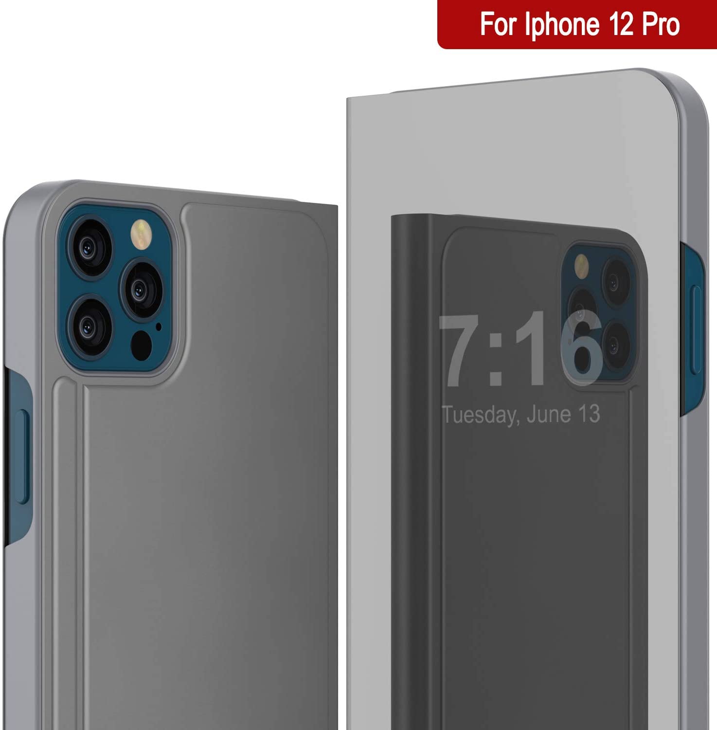 Punkcase iPhone 12 Pro Reflector Case Protective Flip Cover [Silver]