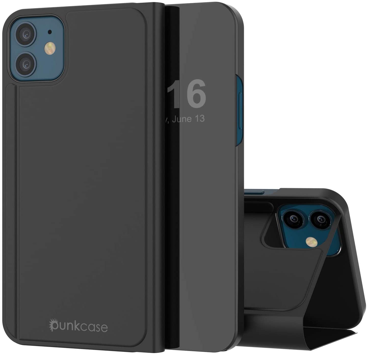Punkcase iPhone 12 Reflector Case Protective Flip Cover [Black]