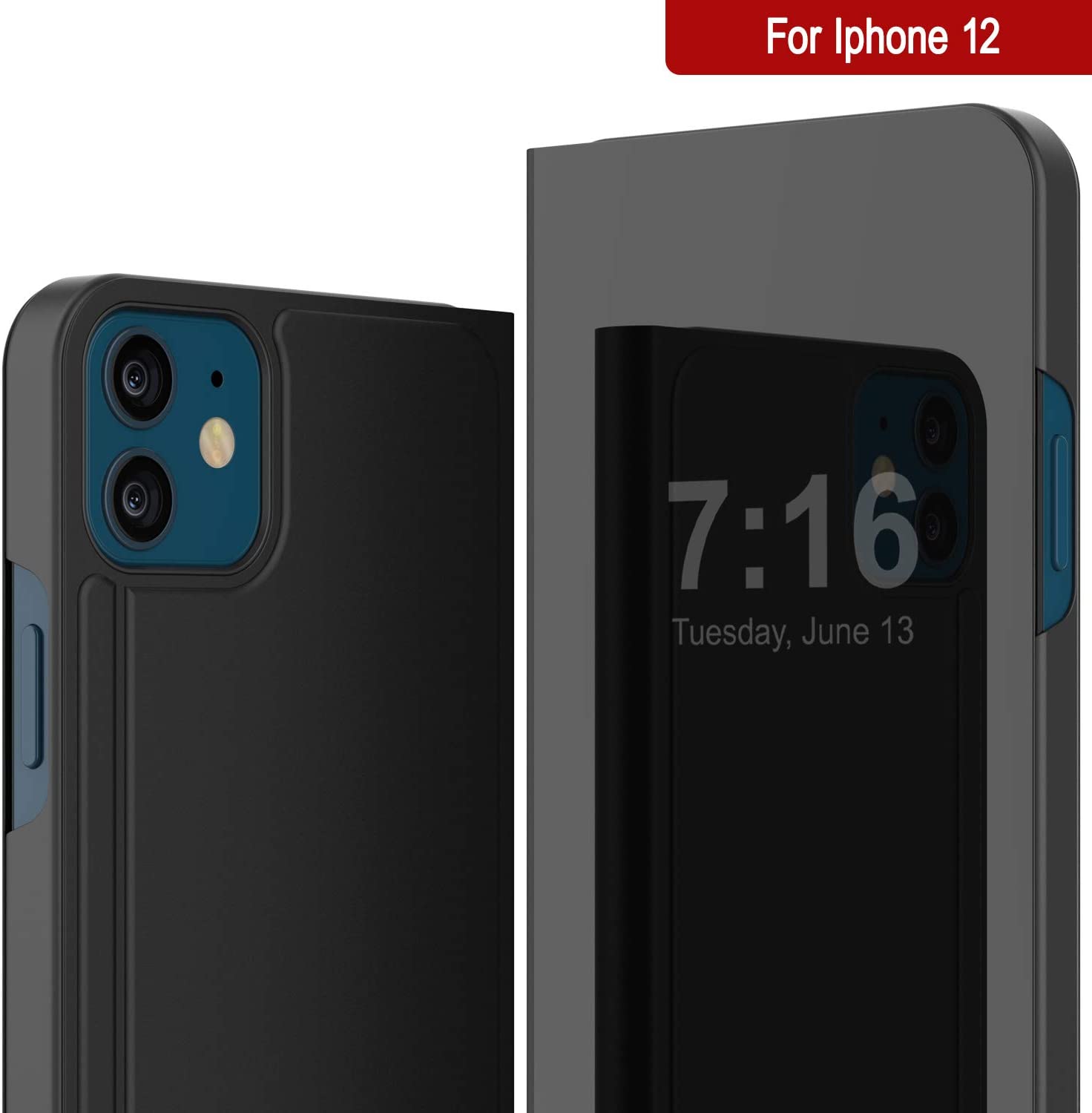 Punkcase iPhone 12 Reflector Case Protective Flip Cover [Black]